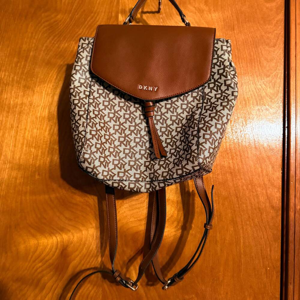 DKNY Bryant Monogram Flap Backpack in Chino/Cashew